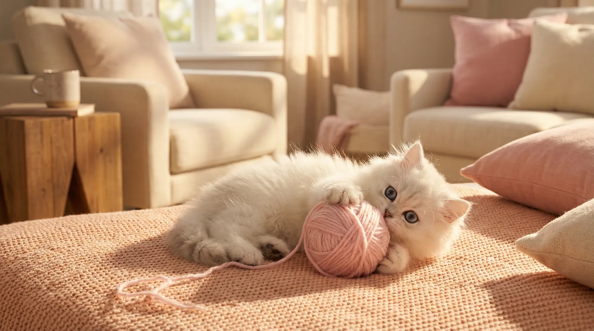 可爱白色小猫玩毛线球 - 猎头华尔兹